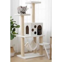 Pet B-10 Hamaklı Yuvalı Lüx Kedi Tırmalama Oyun Evi Beyaz