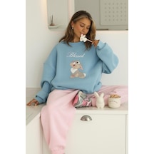 Benroma 3 İplik Penye Blessed Tavşan Baskılı Unisex Sweatshırt Bebe Mavisi