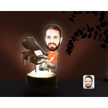 Kişiye Özel Erkek Piyanist Karikatürlü Dekoratif 3D Biblo Led Işı