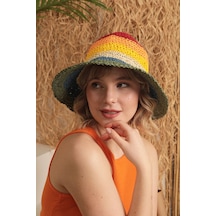 Renkli El Örgülü Çok Renkli Hasır Kadın Şapka