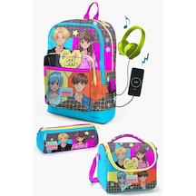 Coral High Kids Gri Mavi Pembe Anime Desenli Usb'li 3'lü Okul Çanta Seti - Kız Çocuk Çok Renkli