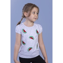 Toontoy Kids Toontoy Kız Çocuk Karpuz Nakışlı Tişört Gri Melanj