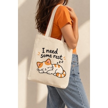 Lunora Collection I Need Some Rest Kedi Baskılı Körüklü Kanvas Bez Çanta Açık Ten