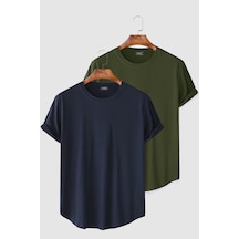 2'li Erkek Lacivert-haki Kolları Katlı Oval Kesim Cepsiz Bisiklet Yaka T-shirt Lacivert-haki