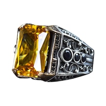 925 Ayar Gümüş Doğal Citrine Taşlı Erkek Gümüş Yüzük, Citrine Taşlı Erkek Yüzüğü, El Yapımı Oymalı Erkek Gümüş Yüzük, Türk Gümüş Yüzüğü, Sarı Gümüş