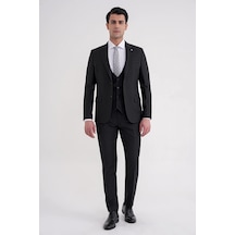 Efor Slim Fit Çift Yırtmaç Çizgili Esnek Yünlü Siyah Yelekli Klasik Takım Elbise Tk 935 Siyah