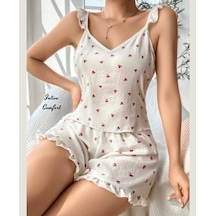 Intive Comfort Kiraz Desenli Fırfır Detatlı Ekru Pijama Şort Büst Beyaz