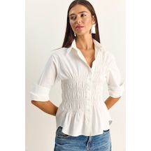 Shade Kadın Asimetrik Büzgü Detaylı Lastikli Bel Formlu Düğmeli Poplin Gömlek 0998 60286161 - Beyaz