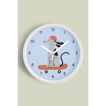 Kaykay Yapan Köpek Çocuk Odası Duvar Saati - 35cm - Önü Camlı Beyaz Kasa - Sessiz Mekanizma-jh1098 Beyaz