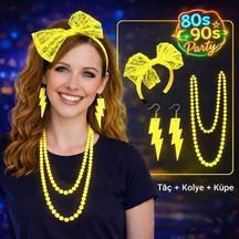 80 Ler 90 Lar Neon Sarı Parti Seti Kolye Küpe Taç Çok Renkli