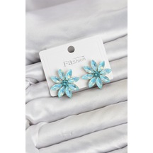 Mey İthalat Buz Mavisi Renk Kristal Taşlı Lotus Çiçek Model Kadın Küpe Çok Renkli