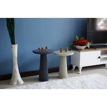 Wood Wooden 2'li Ahşap Set Fitilli Mantar Yan Sehpa Antrasit-krem Renk Beyaz