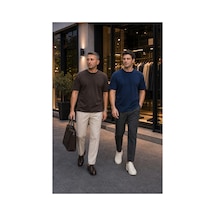 Modi Green Premium Oysho Model 2'li Unisex Regular Oversize Sıfır Yaka Tişört - Kahverengi - Lacivert