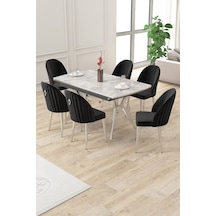 Canisa Sim Serisi 89x150 Açılabilir Lak Panel Rampla Gri Krom Ayak Masa Takımı Ve 6 Siyah Sandalye Masa Rampla Gri Sandalye Siyah Krom Ayak