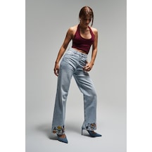 Itsbasic Kadın Ice Kot Rengi 4s5-3 Straight Fit Çiçek Nakışlı %100 Koton İç Boy 80 Cm Tasarım Denim Jean Buz Mavi