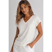 Fashion Friends V Yaka Simli Ekru Kadın Bluz 26y0291k1