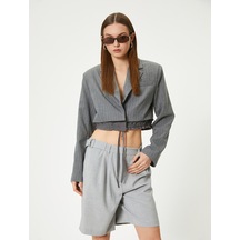Koton Crop Blazer Ceket Bel Detaylı Bağlamalı Kruvaze Ters Yaka Gri Çizgili 4sal50012ıw Gri