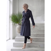 B.he.z Kruvaze Yaka Bondik Su İtici Kumaş Astarlı Trend Model Diz Altı Trençkot Lacivert