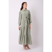 Violevin Er-cool Kadın Kuşaklı Keten Elbise 8050-29-yeşil