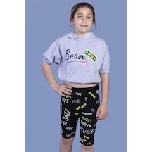 Toontoy Kids Toontoy Kız Çocuk Kapüşonlu Baskılı Biker Taytlı Takım Gri Melanj