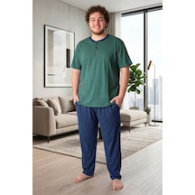 Bravie Erkek Yakası Düğmeli Altı Uzun Kısa Kollu Pamuklu Büyük Beden Yazlık Pijama Takımı Yeşil Yeşill