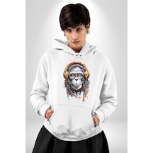 Kulaklık Maymun Müzik Dinliyor Kadın Erkek Beyaz Kapüşonlu Sweatshirt Hoodie Beyaz