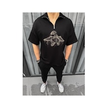 Erkek Yarım Fermuarlı Baskılı Oversize T-shirt - Siyah
