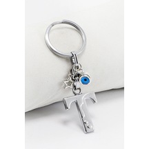 Çerçeveli Nazarlı Yıldızlı Gümüş Renkli Metal T Harfi Anahtarlık