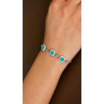Roza Silver Paraiba Taşlı Rodyum Kare Anturaj Gümüş Bileklik