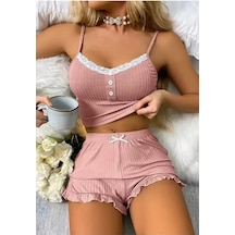 Kadın Pudra Dantel Detaylı Şortlu Gecelik Pijama Takımı 5015 Pudra