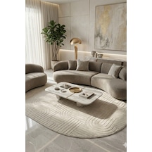 Modern Oval Halı Bambu Dokulu Kaymaz Taban Yumuşak Salon Yatak Odası Halısı Krem