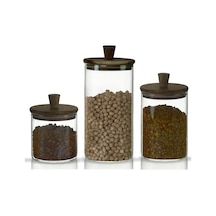 3'lü Silindirik Sap Akasya Kapaklı Yüksek Borosilikat Cam Saklama Kavanozu Seti - 500ml - 1000ml - 1500ml Şeffaf