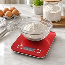 Dijital Mutfak Terazisi 5 Kg, Paslanmaz Çelik Yüzeyli Lcd Ekranlı Hassas Gram Ölçer, Dara Fonksiyonlu Mutfak Tartısı, Gümüş Gold Ve Kırmızı Renk Seçenekli Kırmızı Çok Renkli