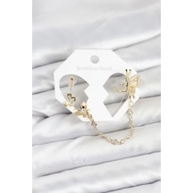 Mey İthalat Kelebekli Model Pirinç Gold Renk Zincir Bağlantılı Ear Cuff Küpe Seti altın