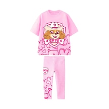 Lolliboomkids Kız Çocuk %100 Pamuk Sevimli Şapkalı Köpek Baskılı Tshirt Tayt Alt Üst Takım 2 Parça Pembe