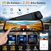 Pasens Araç Dikiz Aynası Dvr 4k Ultra Hd Ön + 1080p Arka Kamera, 10" Ips Dokunmatik Ekran, Wifi & App Kontrolü, Süper Gece Görüş, Bsd