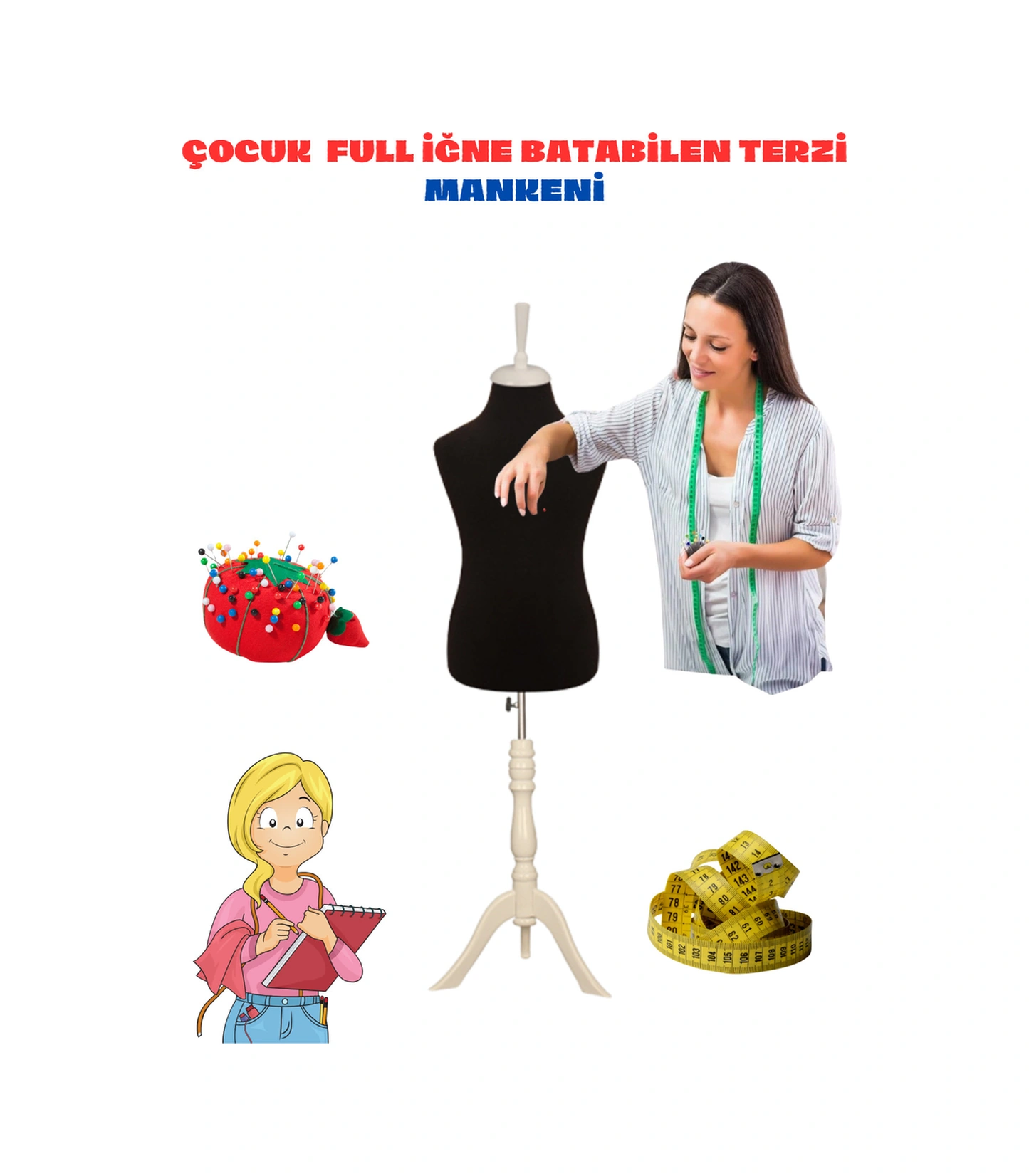 Çocuk Siyah Kumaşlı Beyaz Üç Ayaklı 8 Yaş Terzi Mankeni