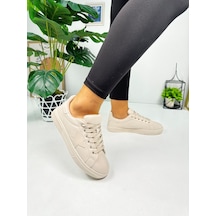 Günlük Kadın Sneaker Bağcıklı Yıldız Detaylı Tırtıklı Taban Oval Burunlu Rahat Spor Ayakkabı 602 Bej