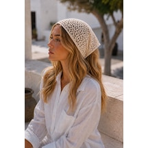 Krem Fileli Örgü Bandana Kadın Bağlamalı Saç Bandı Hafif Esnek Günlük Bandana Krem - 884327932 Krem