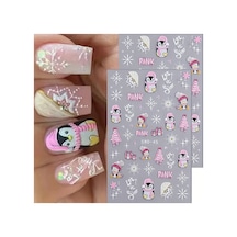 Penguen Kar Tanesi Noel 3d Tasarım Pembe Yapışkan Sticker Tırnak Dövmesi Nail Art
