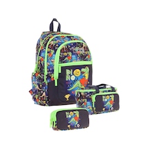 Kaukko Kids Erkek Çocuk İçin Siyah Yeşil Renkli Dinazor Desenliüçlü Okul Çanta Kombinasyonu Siyah - Yeşil