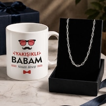 Bk Gift Kişiye Özel Babalar Günü Tasarımlı Beyaz Kupa & Ataç Zincir Kolye -5, Babalar Günü Hediyesi Gümüş