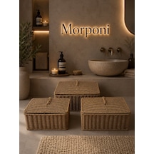 Lüks Rattan 3'lü Kapaklı Düzenleyici Sepet - Banyo Ve Ev Organizer Seti Mrl-105a Sarı