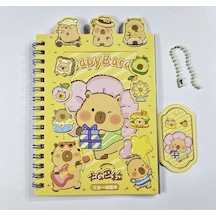 3'ü 1 Arada Spiral Defter Capybara 11x16.5 Cm Sticker Defteri Sarı Açık Gri