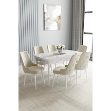Zümra Serisi, Beyaz Mermer Desen 80x132 Açılabilir Mdf Mutfak Masası Takımı 6 Adet Sandalye Krem