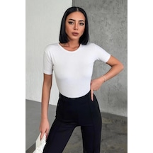 Armüz Rahat Ve Şık Kısa Kollu Bisiklet Yaka Likralı Viskon Penye Body Beyaz