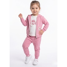 Toontoy Kids Toontoy Kız Çocuk 3'lü Eşofman Takımı Uzun Kollu Bisiklet Yaka Nakışlı T-shirt - Kapüşonlu Fermuarlı Hırka- Beli Paçası Lastikli Eşofman Altı 25042 Gülkurusu