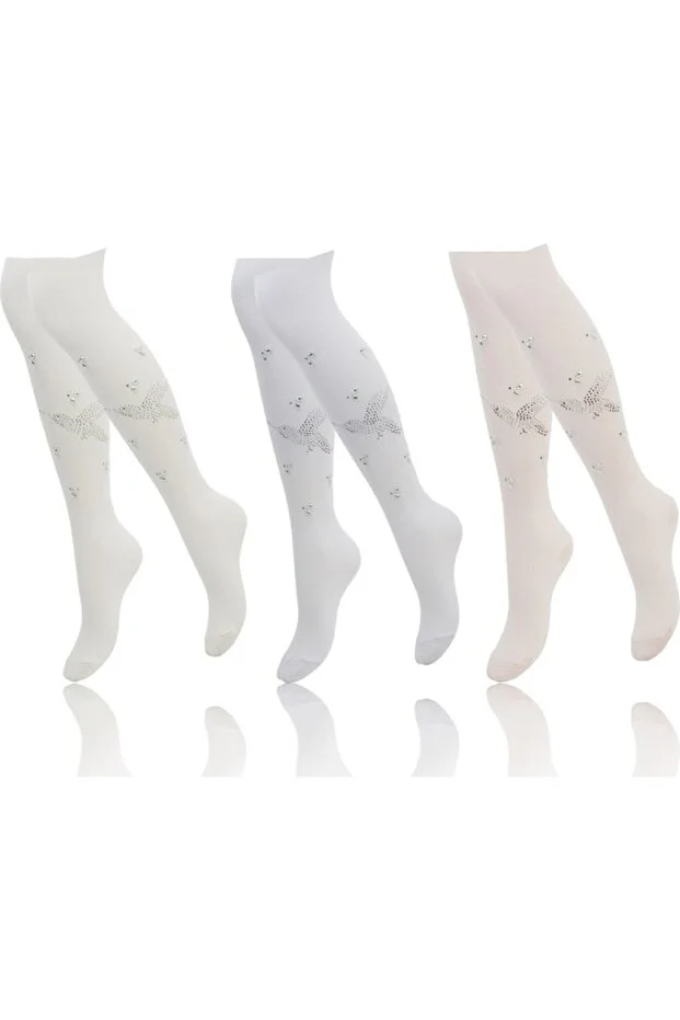 Veraye Socks Kız Külotlu Çorap Sinek Kuşu Taş Baskılı Pamuklu Penye 3'lü Beyaz-krem-pembe