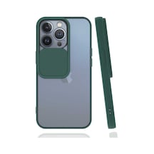 Noktaks - Apple Uyumlu iPhone   13 Pro - Kılıf   Slayt Sürgülü Arkası Buzlu Lensi Kapak - Koyu Yeşil