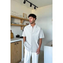 Flaw Keten Oversize Kısa Kol Gömlek Taş Rengi-25768 Taş